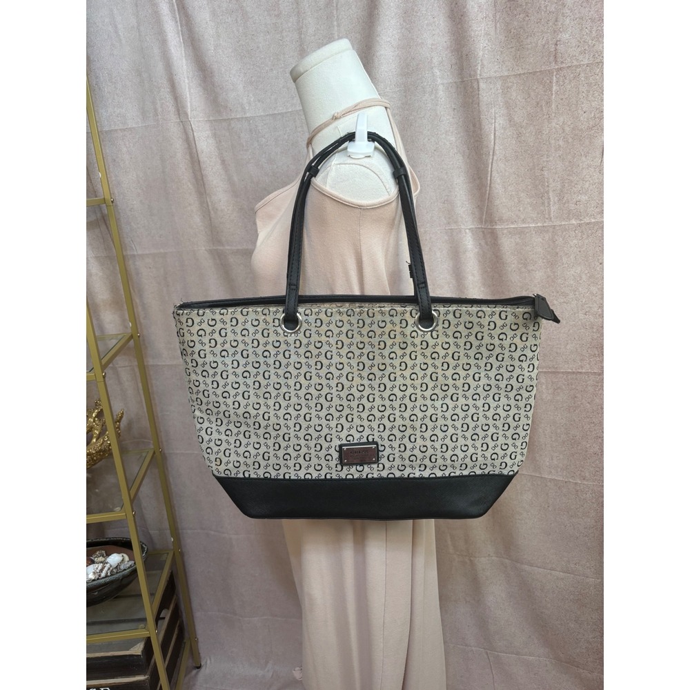Guess‎ Monogram Logo Canvas Tote Bag Black Tan Zip Top Shoulder Bag